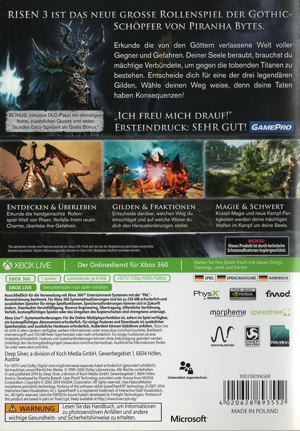 Risen 3: Titan Lords - Xbox 360 Rückseite