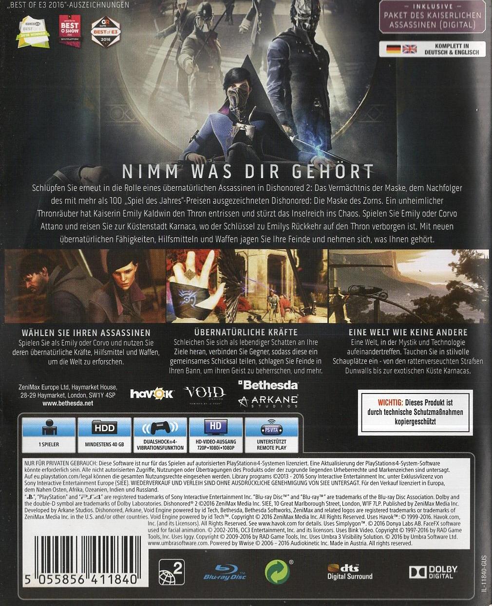 Dishonored 2 - PlayStation 4 Rückseite