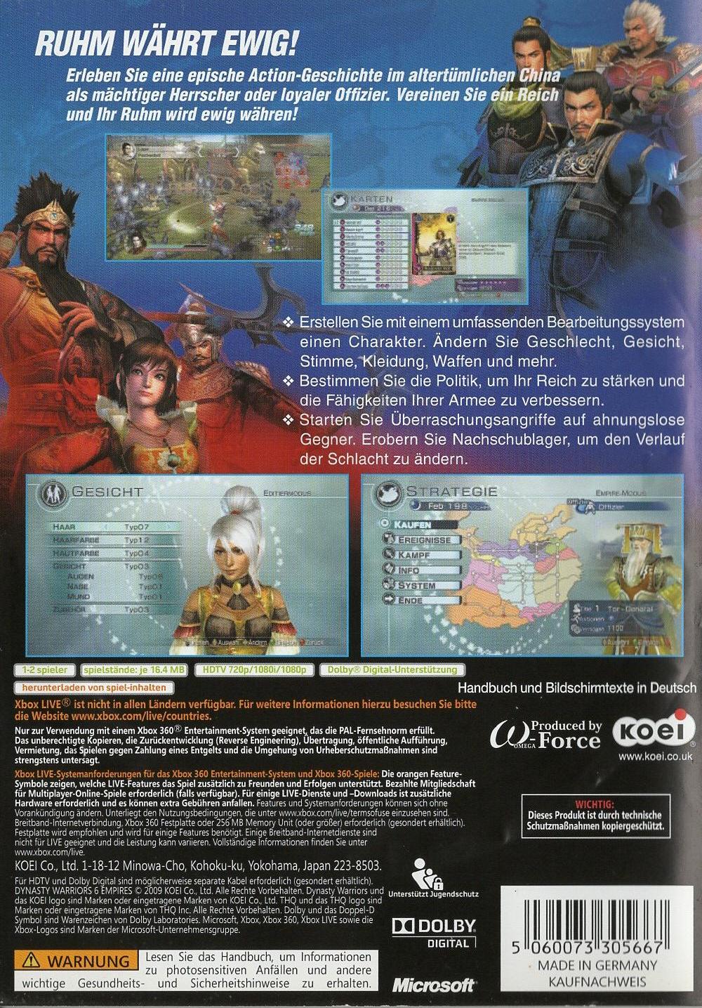 Dynasty Warriors 6 Empires - Xbox 360 Rückseite