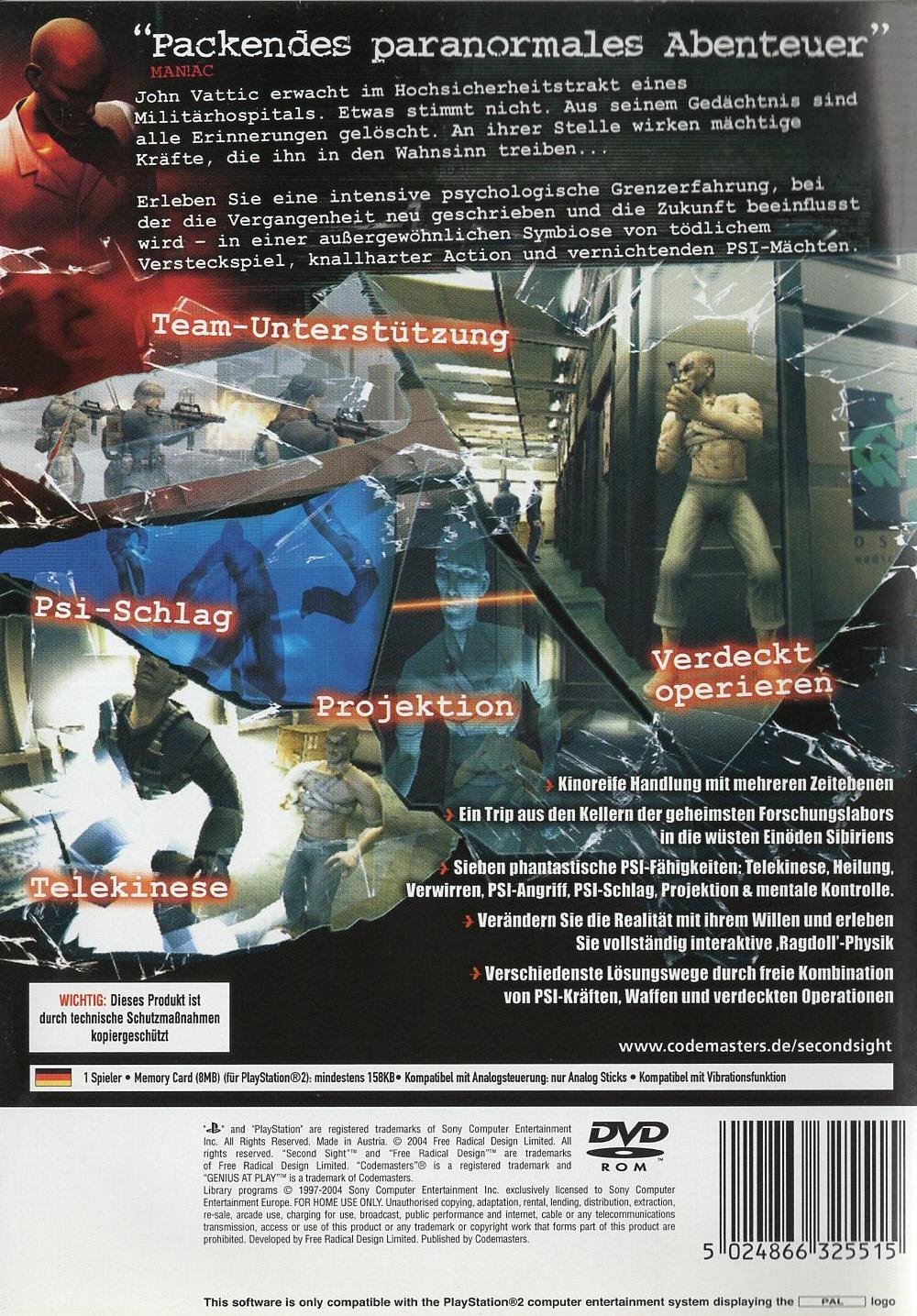 Second Sight - PlayStation 2 Rückseite