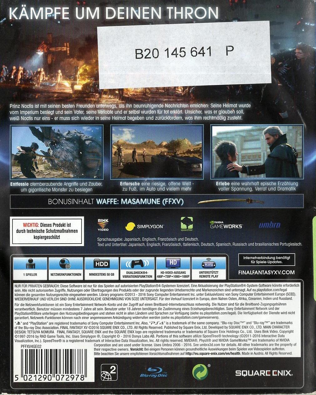 Final Fantasy XV - PlayStation 4 Rückseite