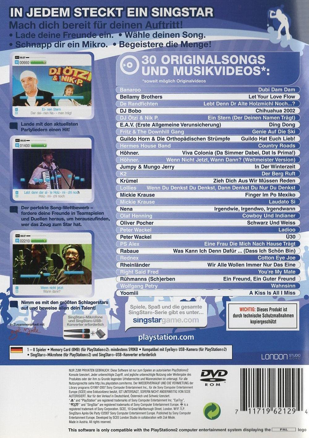 SingStar Après-Ski Party - PlayStation 2 Rückseite