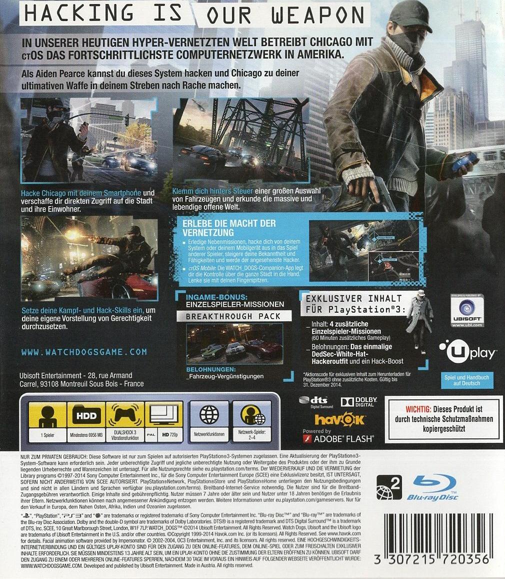 Watch Dogs - PlayStation 3 Rückseite