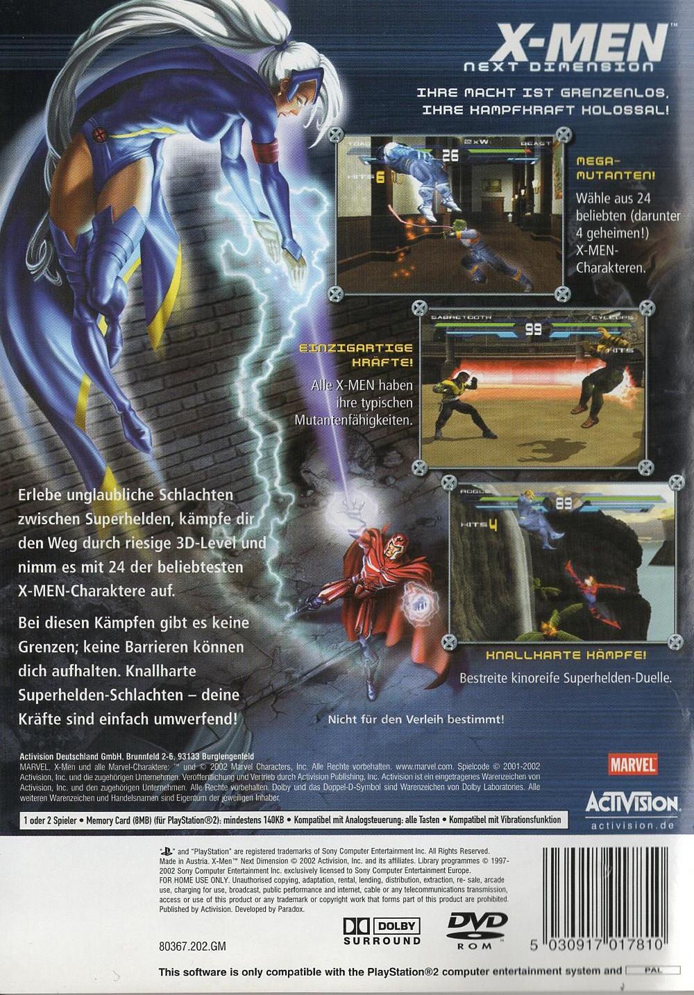 X-Men: Next Dimension - PlayStation 2 Rückseite