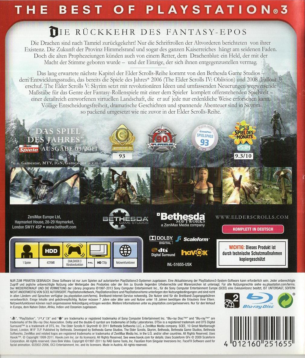 The Elder Scrolls V: Skyrim - PlayStation 3 Rückseite