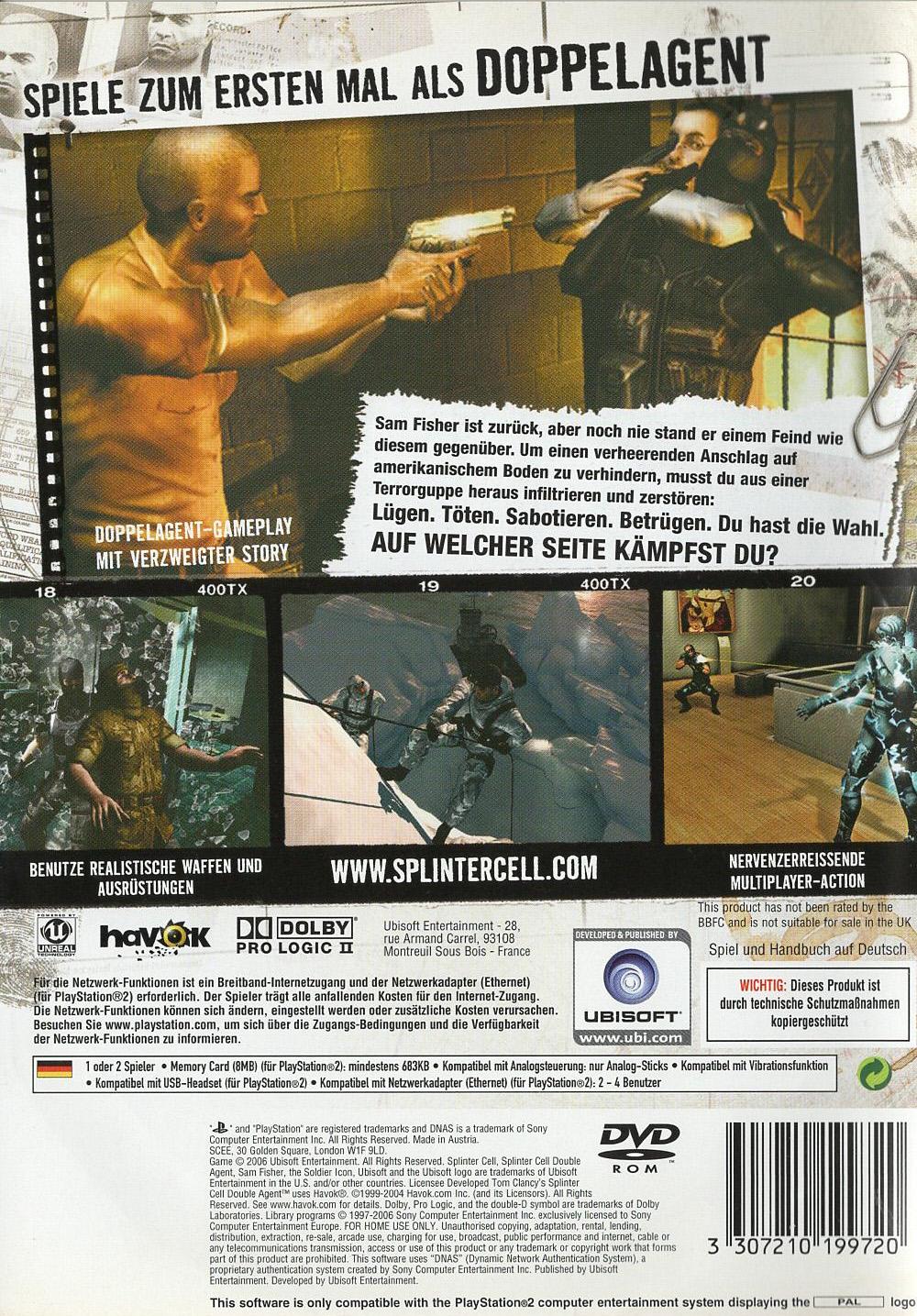 Tom Clancy's Splinter Cell: Double Agent - PlayStation 2 Rückseite