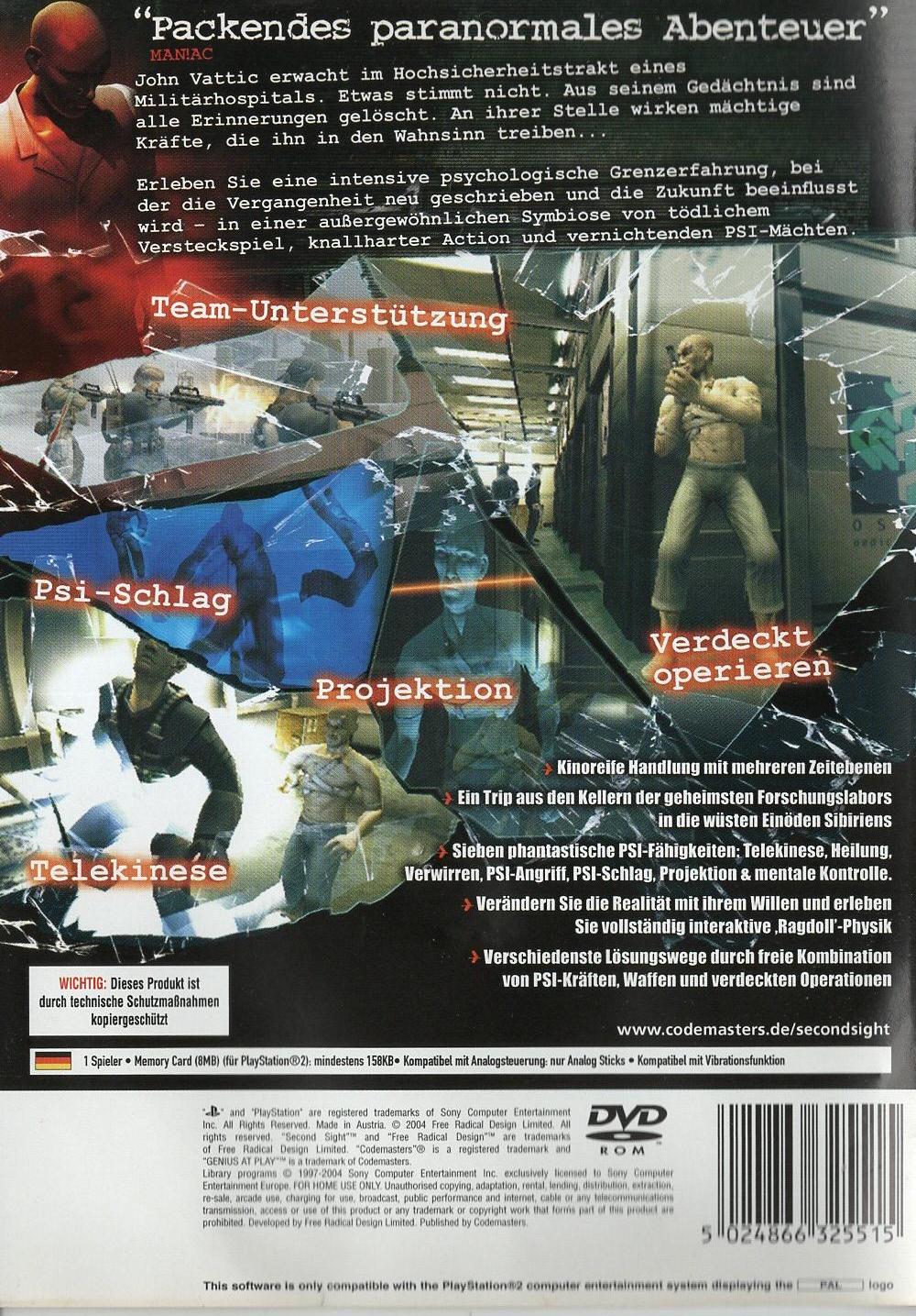 Second Sight - PlayStation 2 Rückseite