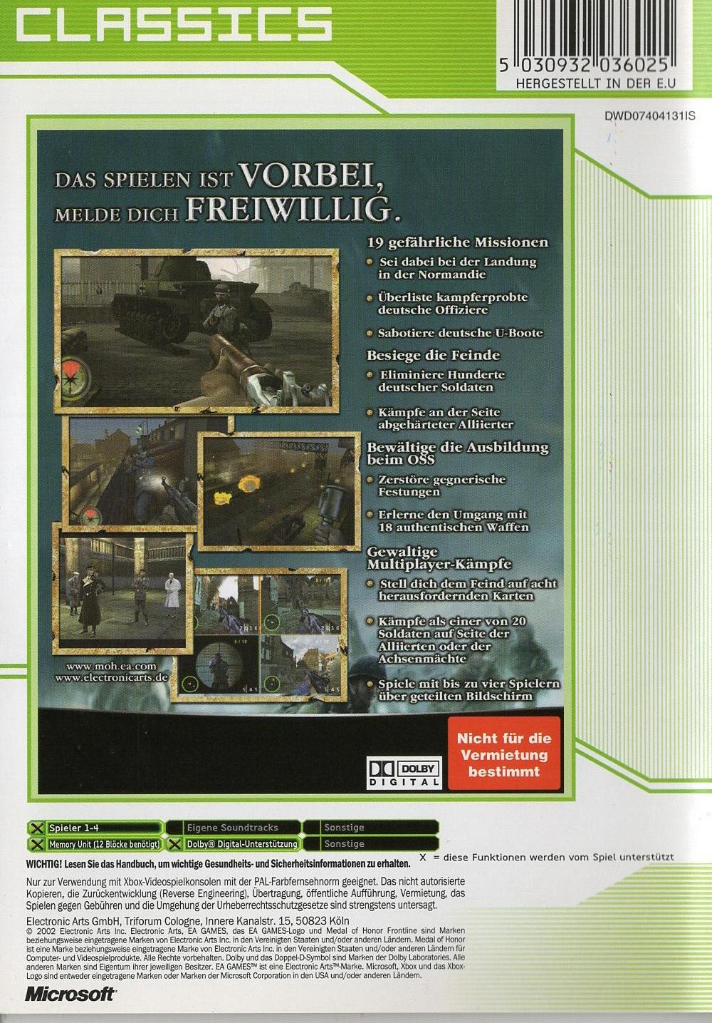 Medal of Honor Frontline - Xbox Rückseite