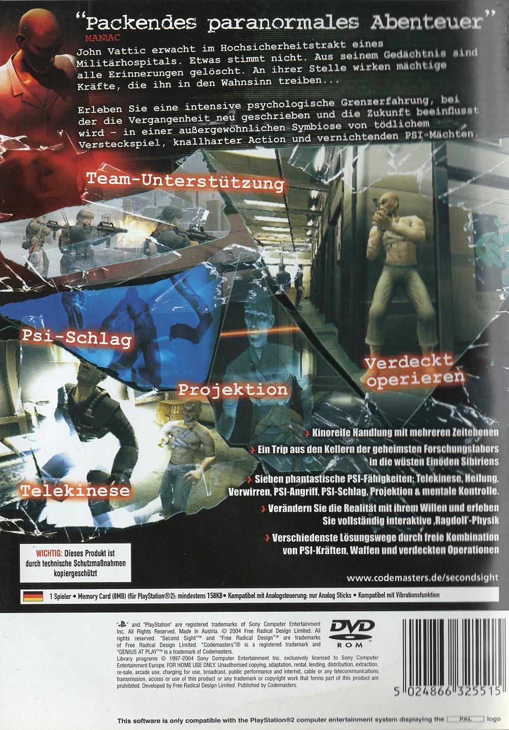 Second Sight - PlayStation 2 Rückseite
