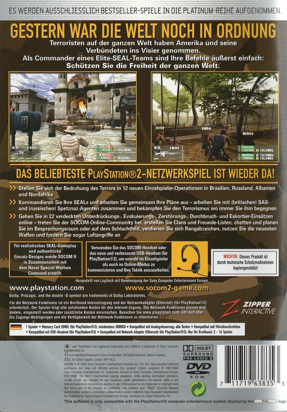 SOCOM II: U.S. Navy SEALs - PlayStation 2 Rückseite