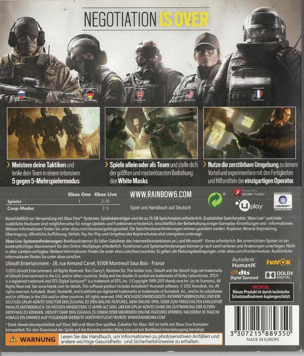 Tom Clancy's Rainbow Six Siege - Xbox One Rückseite