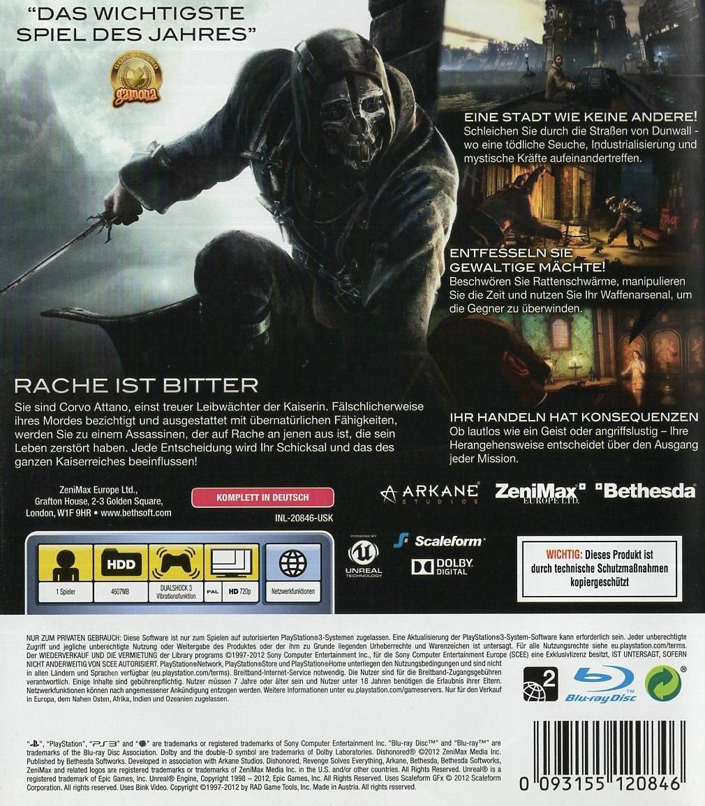 Dishonored: Die Maske des Zorns - PlayStation 3 Rückseite