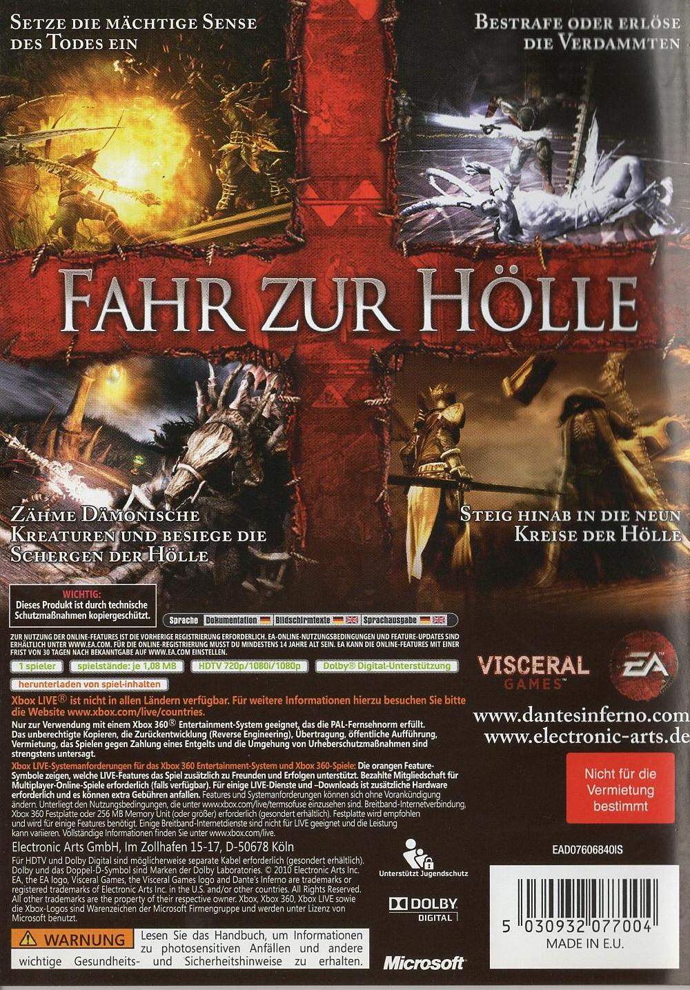 Dante's Inferno - Xbox 360 Rückseite