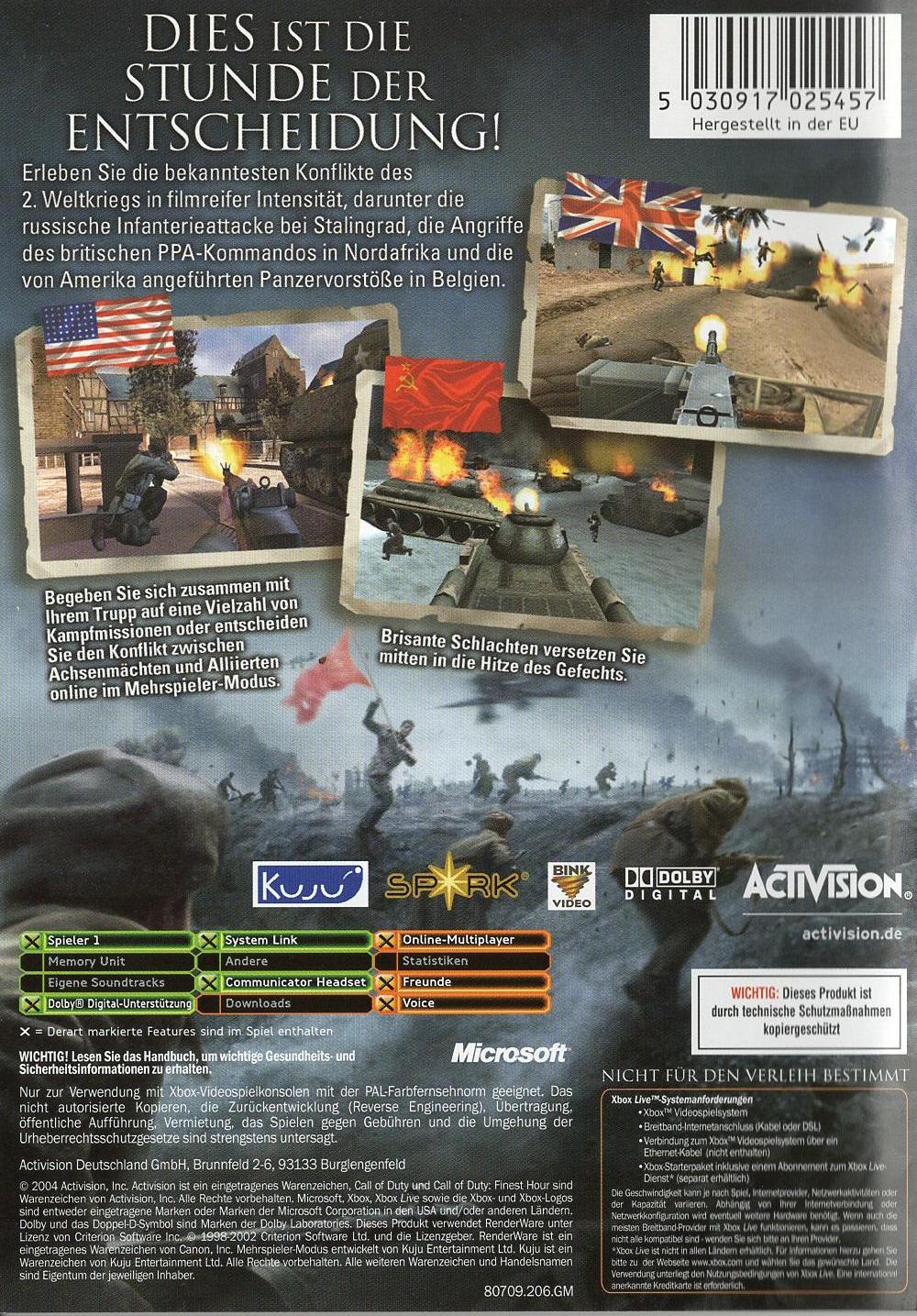 Call of Duty: Finest Hour - Xbox Rückseite