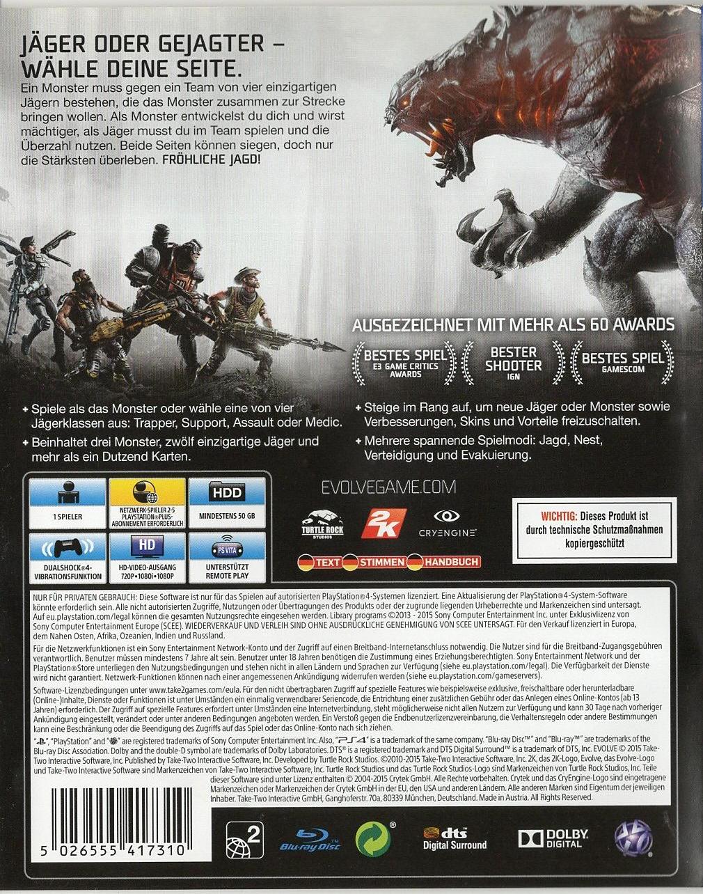 Evolve - PlayStation 4 Rückseite
