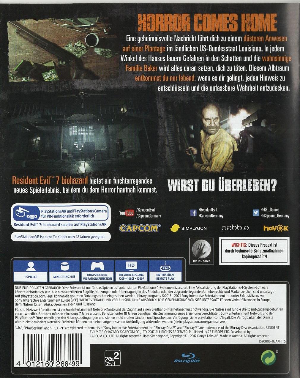 Resident Evil 7: Biohazard - PlayStation 4 Rückseite
