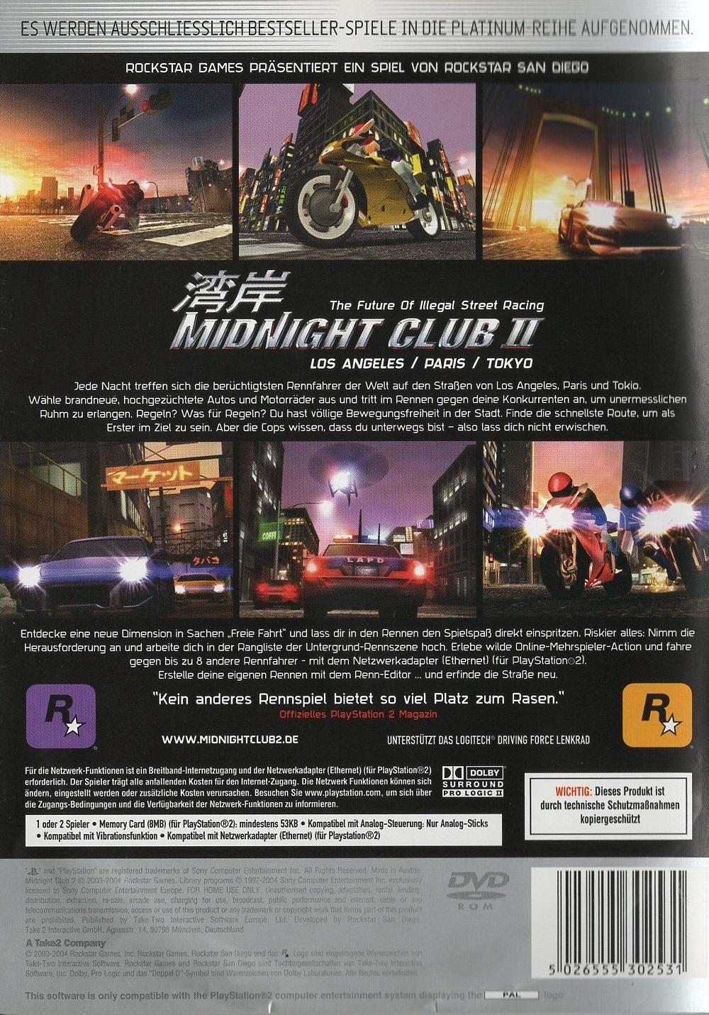 Midnight Club II - PlayStation 2 Rückseite