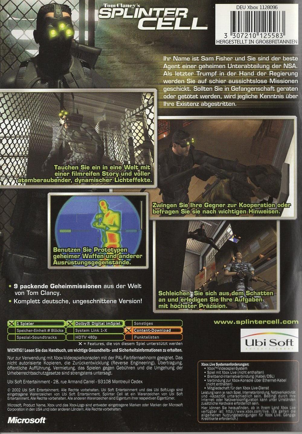 Tom Clancy's Splinter Cell - Xbox Rückseite