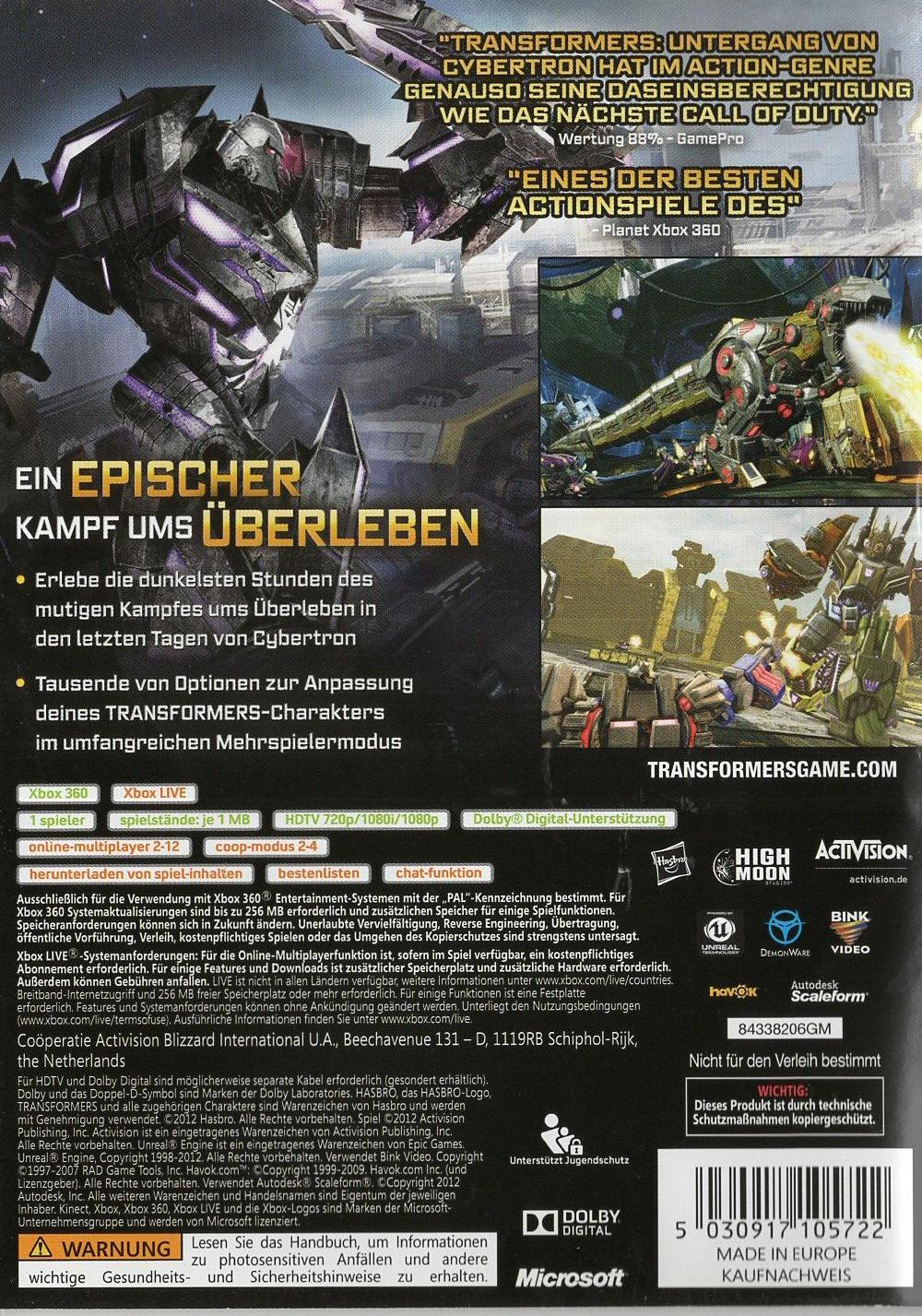 Transformers: Untergang von Cybertron - Xbox 360 Rückseite