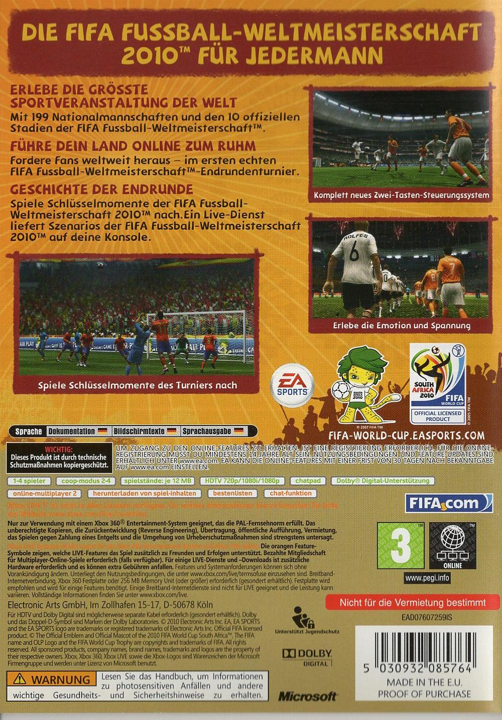 FIFA Fussball-Weltmeisterschaft Südafrika 2010 - Xbox 360 Rückseite