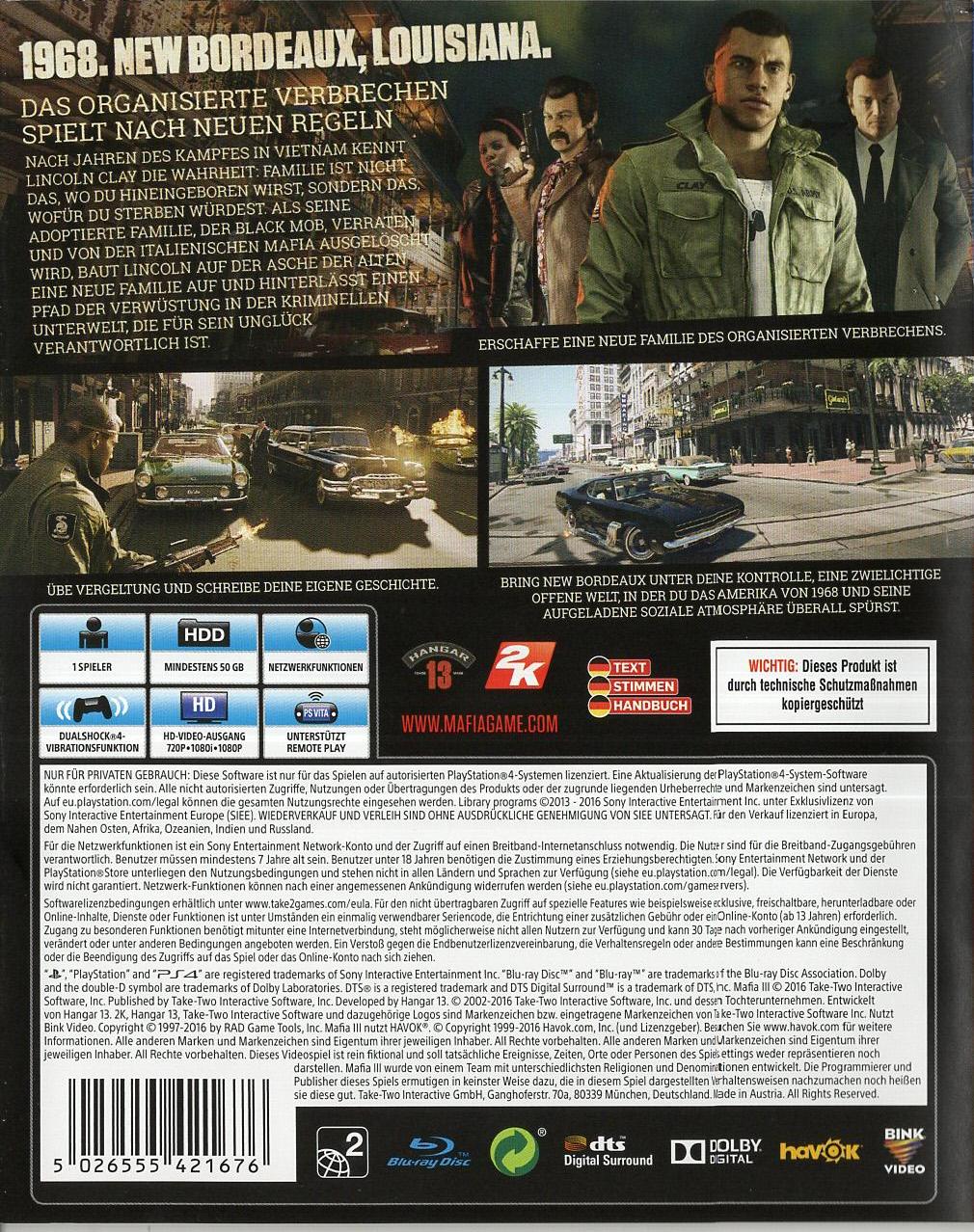 Mafia III - PlayStation 4 Rückseite