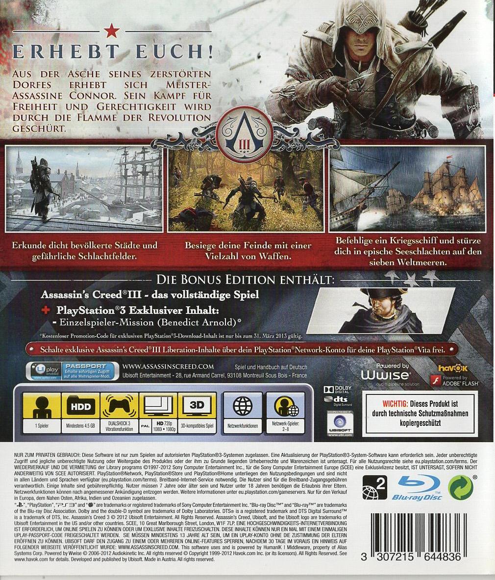 Assassin's Creed III - PlayStation 3 Rückseite