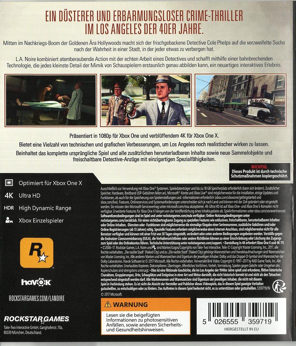 L.A. Noire - Xbox One Rückseite