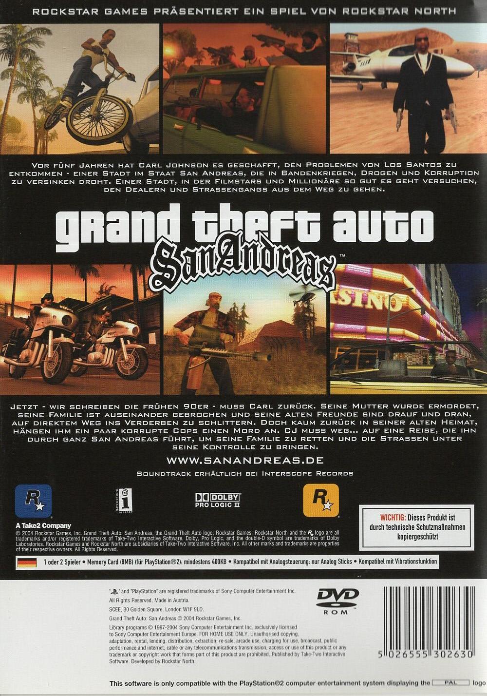 Grand Theft Auto: San Andreas mit Poster - PlayStation 2 Rückseite