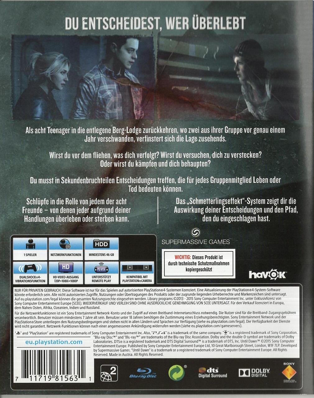 Until Dawn - PlayStation 4 Rückseite