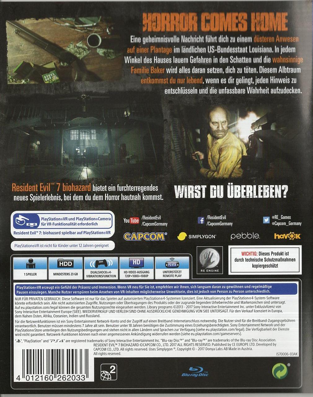 Resident Evil 7: Biohazard - PlayStation 4 Rückseite