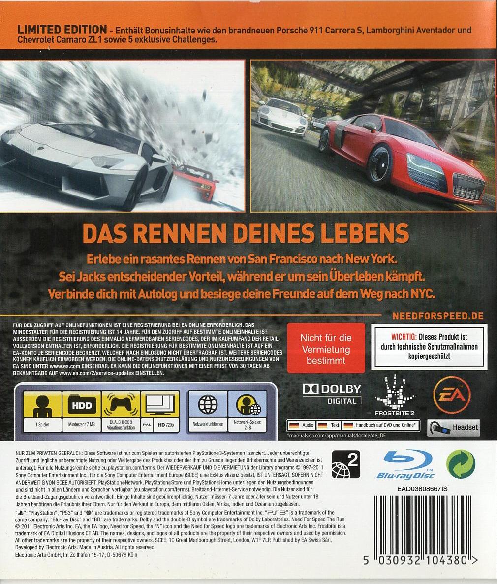 Need for Speed: The Run - Limited Edition - PlayStation 3 Rückseite