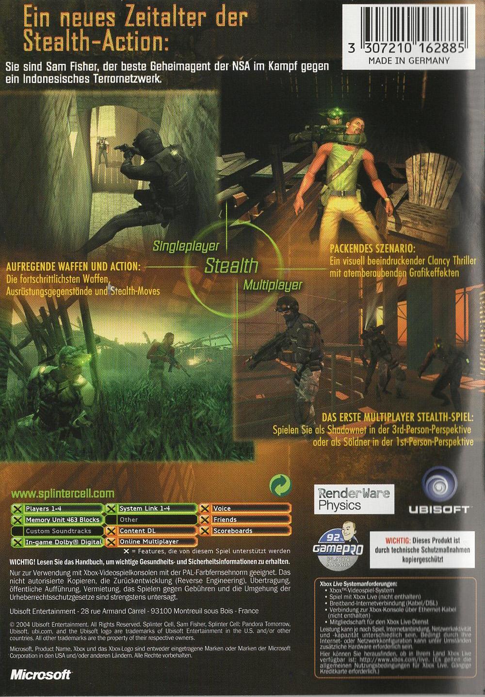 Tom Clancy's Splinter Cell: Pandora Tomorrow - Xbox Rückseite