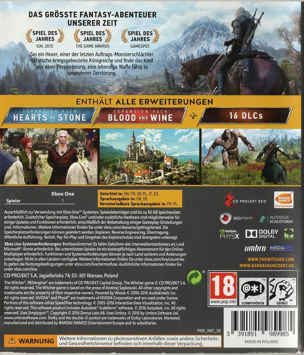 The Witcher 3: Wild Hunt - Game of the Year Edition - Xbox One Rückseite