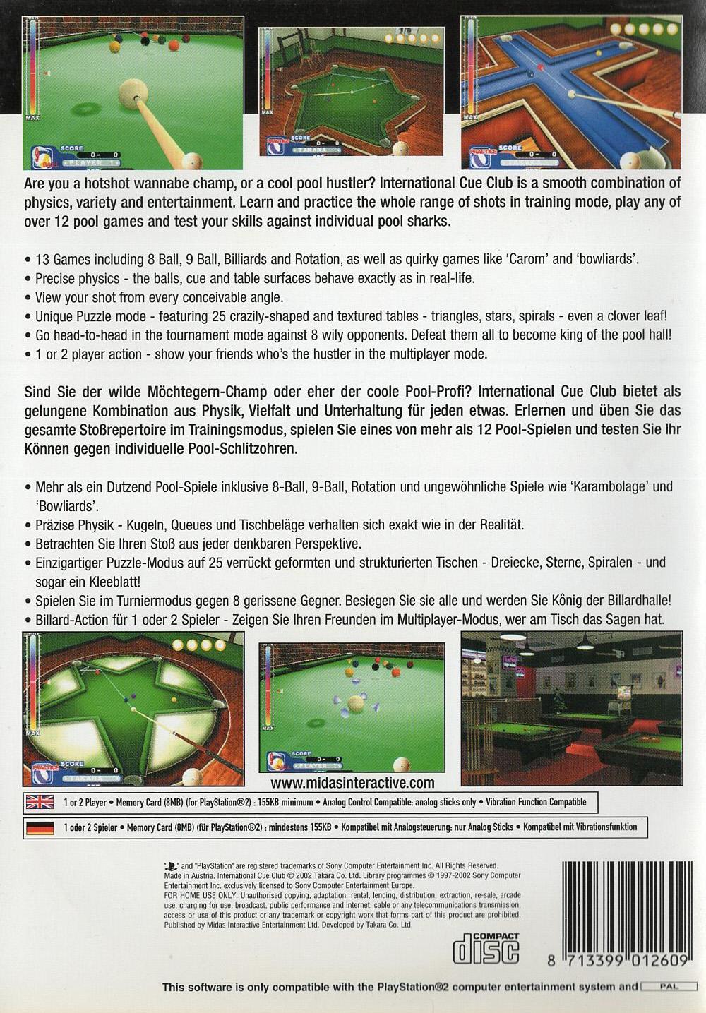International Cue Club - PlayStation 2 Rückseite
