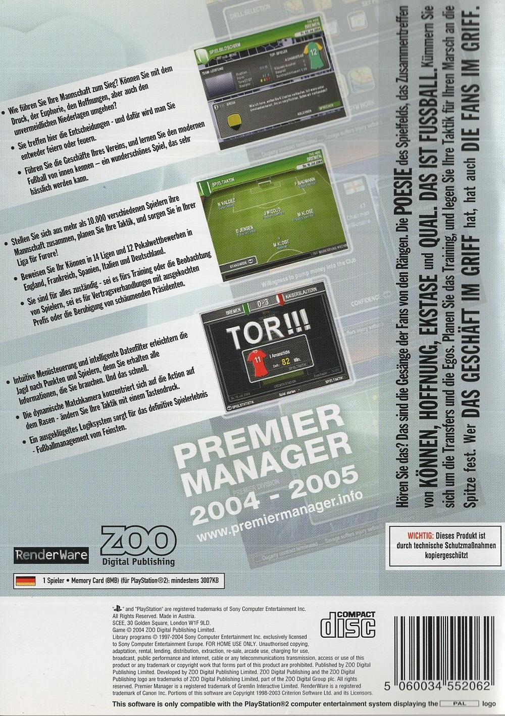 Premier Manager 2004-2005 - PlayStation 2 Rückseite