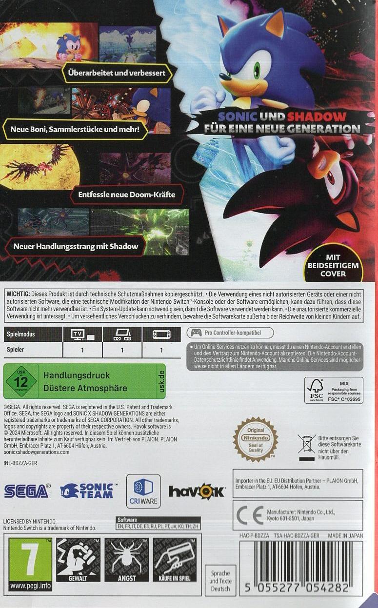 Sonic X Shadow Generations - Nintendo Switch Rückseite