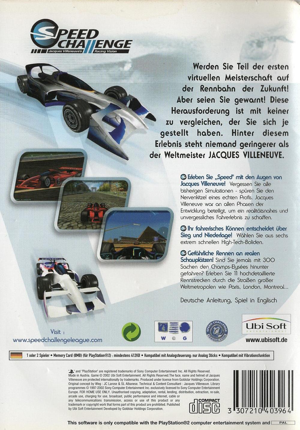 Speed Challenge: Jacques Villeneuve's Racing Vision - PlayStation 2 Rückseite