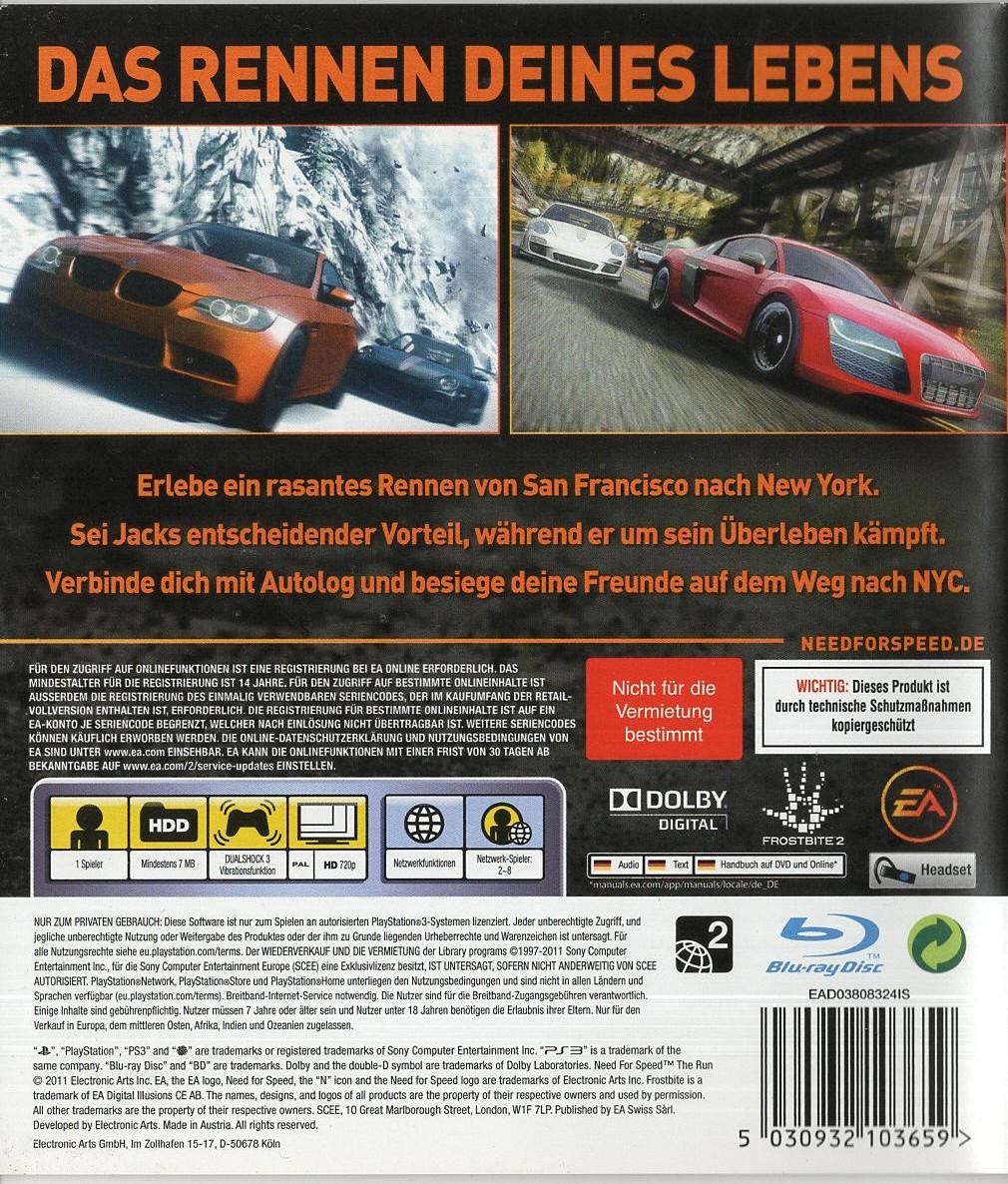 Need for Speed: The Run - PlayStation 3 Rückseite