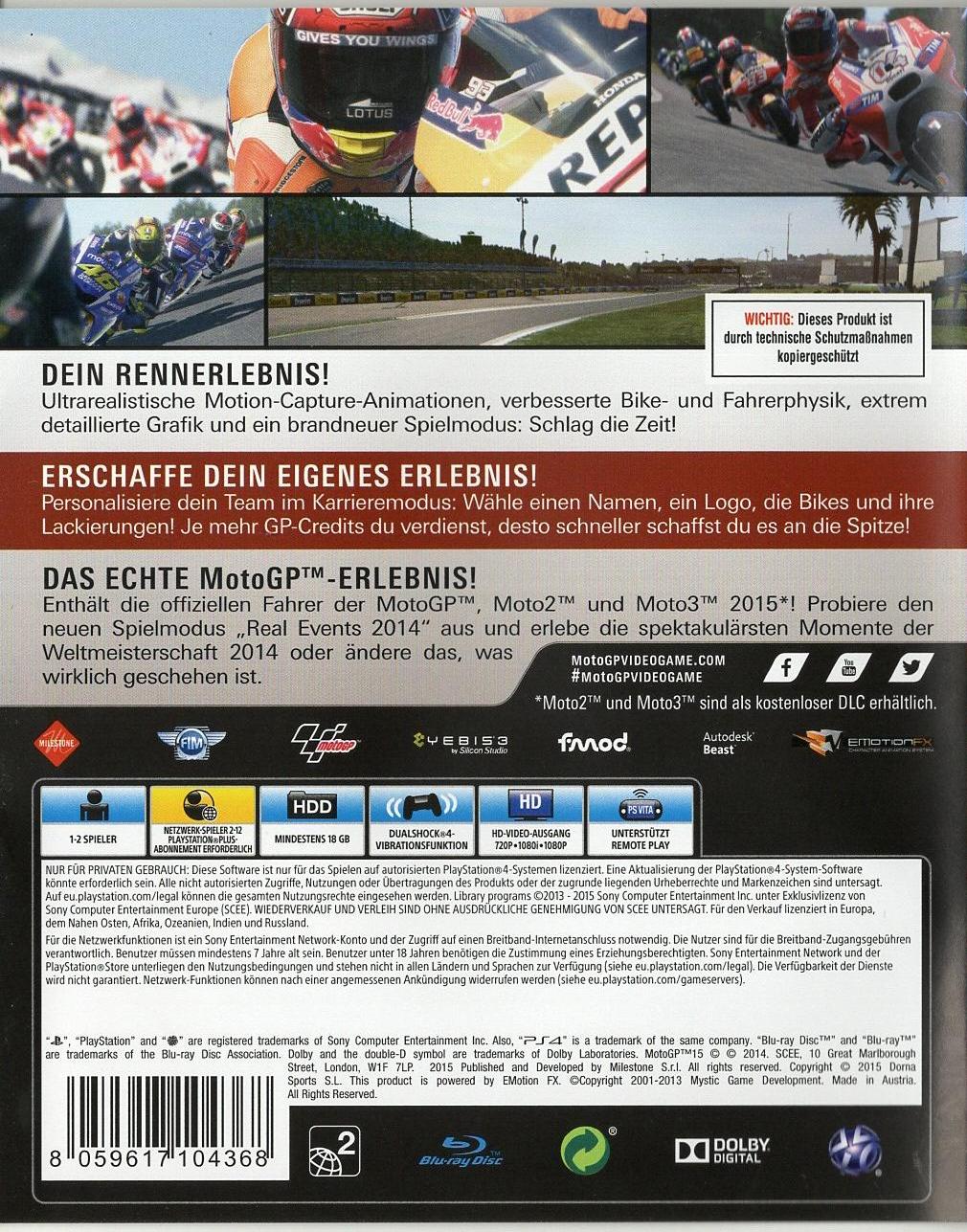 MotoGP 15 - PlayStation 4 Rückseite