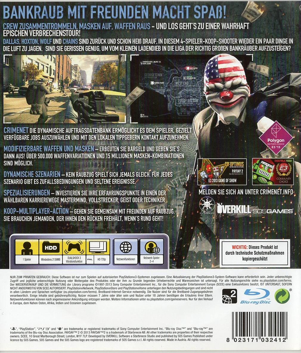 Payday 2 - PlayStation 3 Rückseite