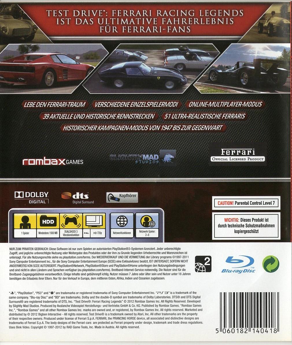Test Drive: Ferrari Racing Legends - PlayStation 3 Rückseite
