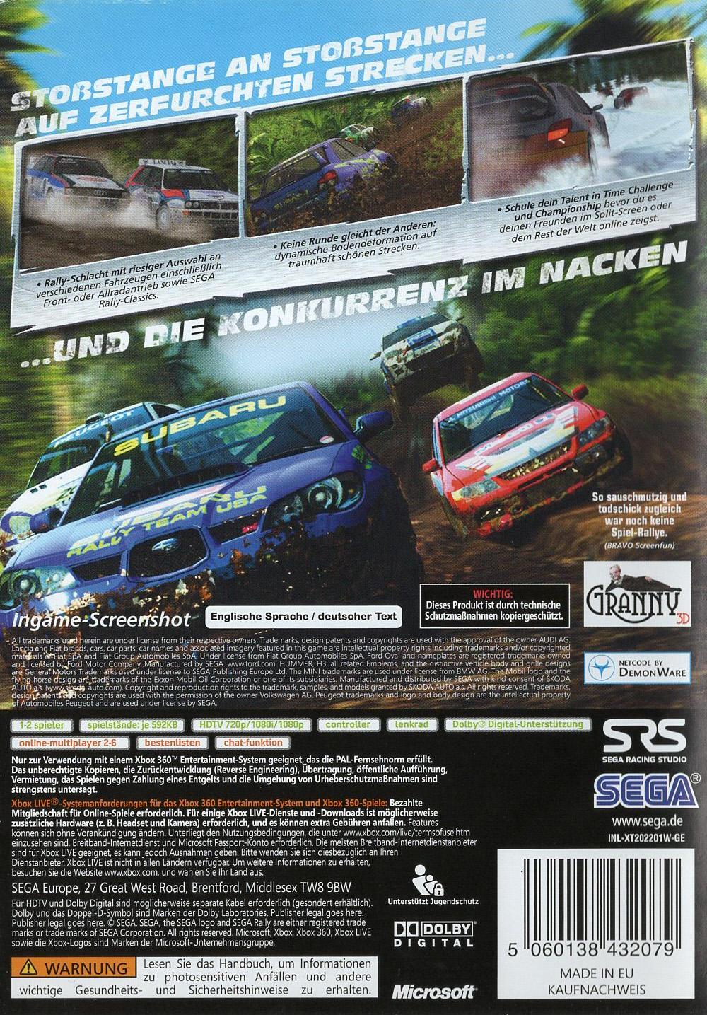 Sega Rally - Xbox 360 Rückseite