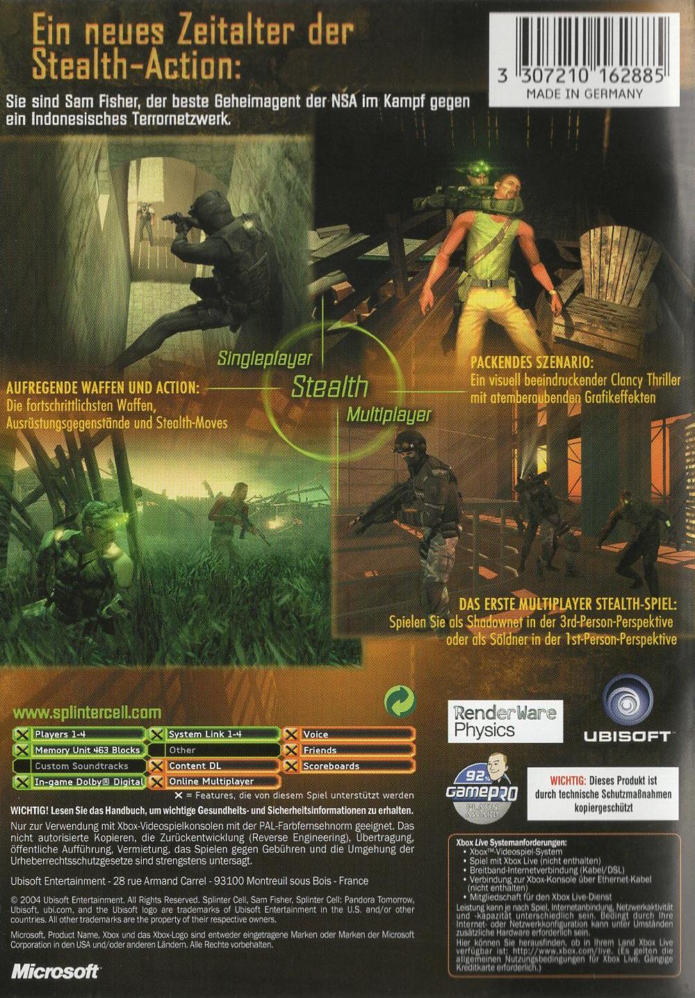 Tom Clancy's Splinter Cell: Pandora Tomorrow - Xbox Rückseite