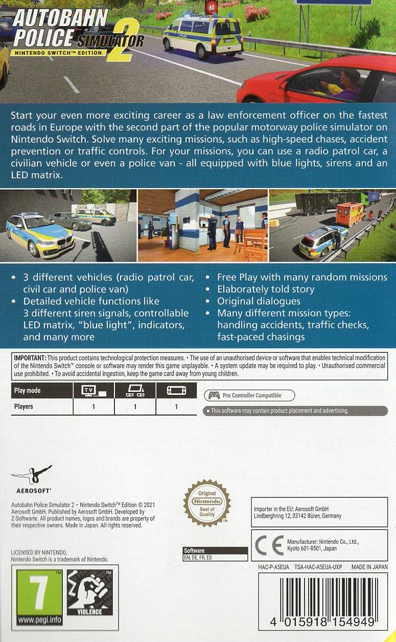 Autobahn Police Simulator 2 - Nintendo Switch Rückseite