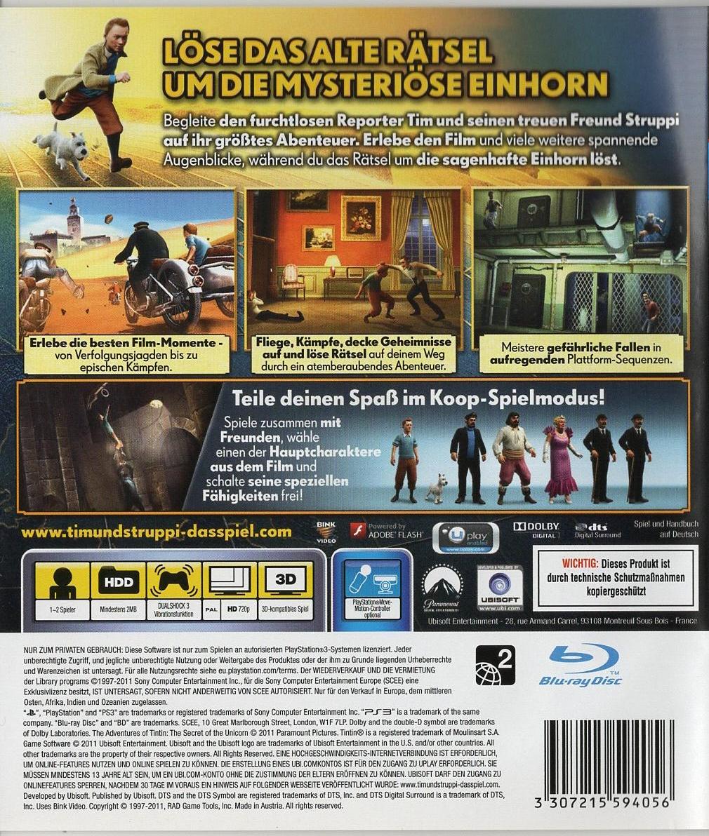 Die Abenteuer von Tim und Struppi: Das Geheimnis der Einhorn - PlayStation 3 Rückseite