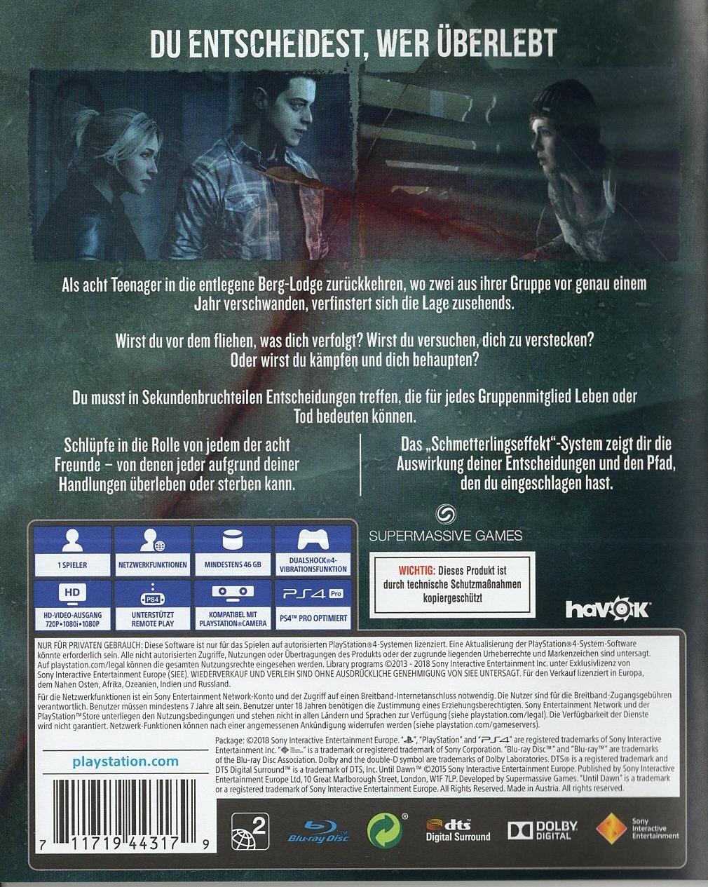 Until Dawn - PlayStation 4 Rückseite