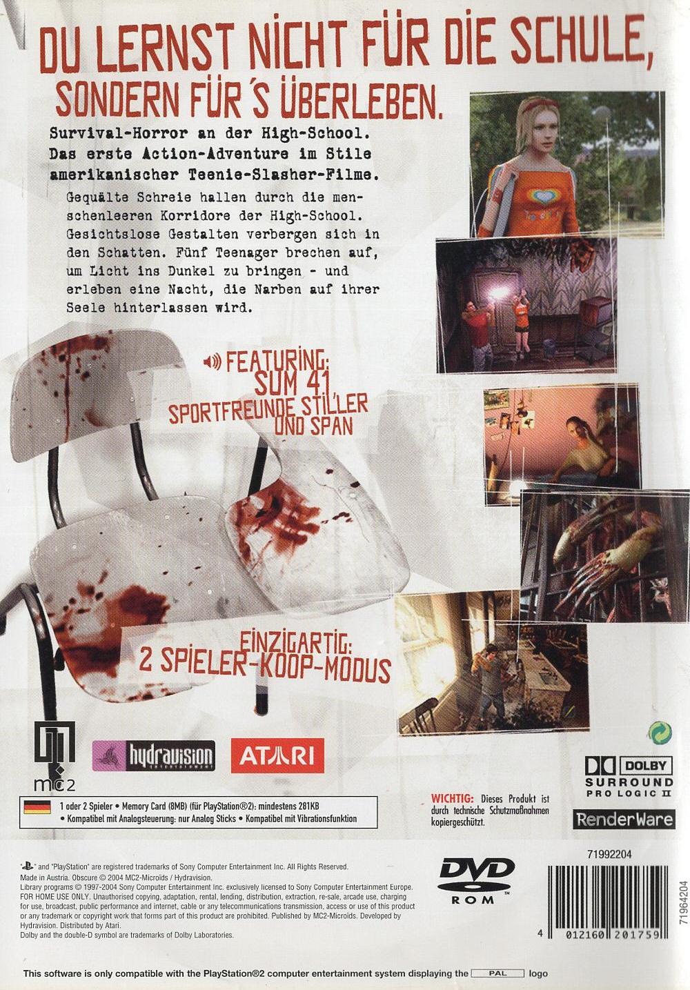 Obscure - PlayStation 2 Rückseite