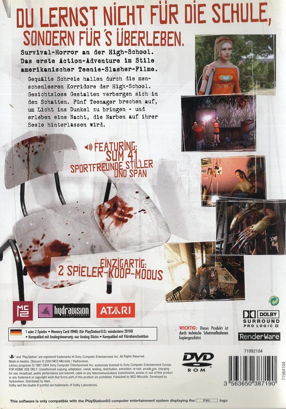 Obscure - PlayStation 2 Rückseite