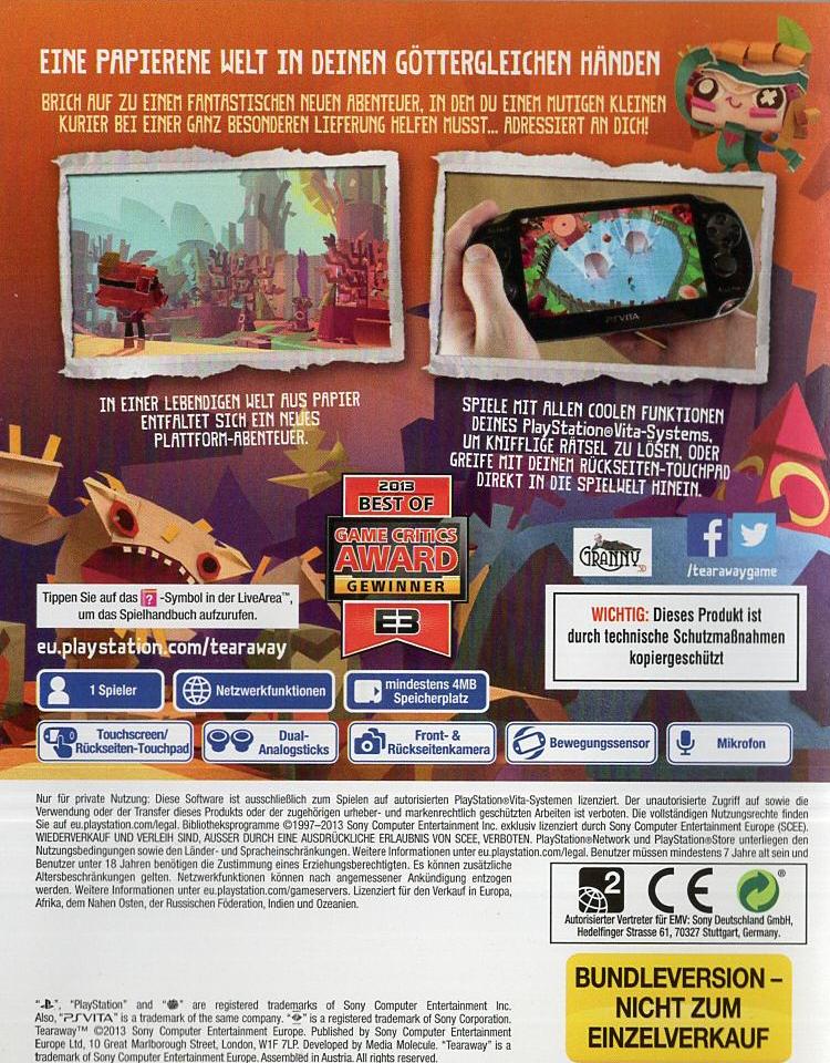 Tearaway - PlayStation Vita Rückseite