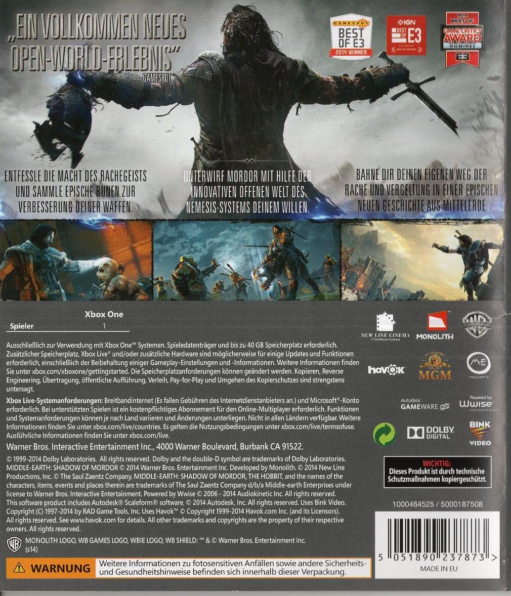 Mittelerde: Mordors Schatten - Xbox One Rückseite